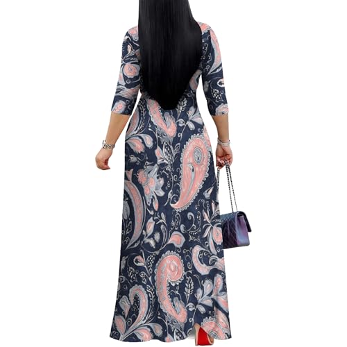 Image of PinkPatty Women's Print Maxi Dresses 3 /4 Sleeve Flowy Long Dress V Neck Wrap Tie Waist Sundress
