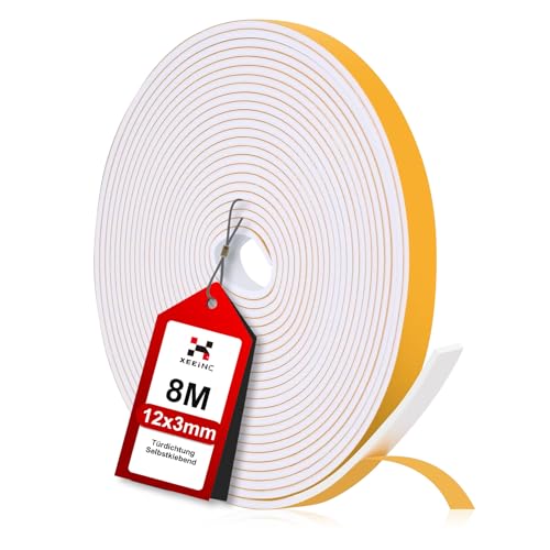 XEEINC Bande d'étanchéité autocollante pour portes, 12 mm (l) x 3 mm (D) - En mousse - Pour porte et fenêtre - Contre le froid - Anti-collision - Insonorisation - Étanche à la poussière - Blanc - 8 m