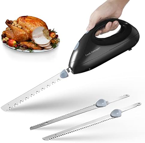 Cook Concept Electric Knife for Carving Meat, Fish, Turkey, Bread, Bone Cutting, Crafting Foam and More. 2 Interchangeable 8" Serrated Stainless Steel Blades, Fast Slicing, Lightweight