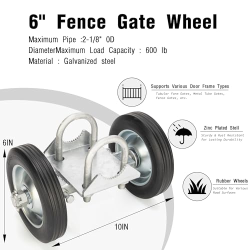 Image of HILLMASTER 6in Rolling Gate Wheel Carrier for Chain Link Fence, Heavy Duty Gate Helper Wheel Gate Caster Kits for Driveway Tube,Gate Support Wheel Rut Runner-2 Rubber Wheels for Rolling /Sliding Gates