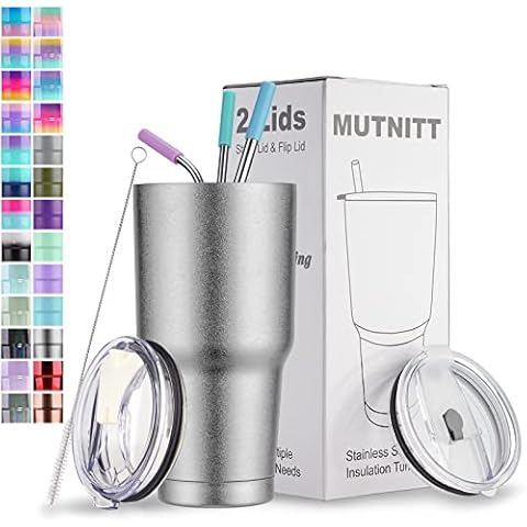 30 oz Tumbler with Lids and Straws,18/8 Stainless Steel Vacuum Insulated Travel Tumbler,Insulated Coffee Mug Water Cup with Leak-Proof Straw Lid & Flip Lid,3 Metal Straws,1 Cleaning Brush(Silver) Cover