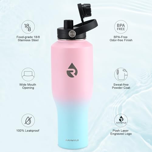 Image of RAYMYLO 40 oz Insulated Water Bottle with Straw fit in Car Cup Holder, Triple Wall Vacuum Stainless Steel(Cold 48 hrs, Hot 24 hrs), Leakproof & Non-BPA, Hydro Travel Flask with Straw and Spout Lid