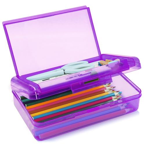 Image of 1 Pack Double Layer Hard Pencil Cases, Plastic Translucent Pencil Box with Snap-Tight Lid for Pens, Pencils, School, Stylish Office Supplies Storage Organizer Box, Medium-sized (Purple)