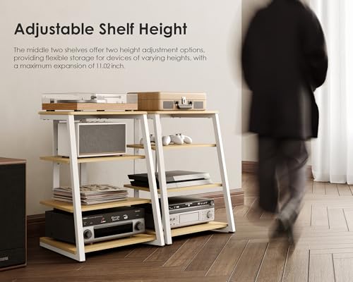Image of FITUEYES 4-Tier AV Media Stand Corner Shelf Stand Wooden Corner Shelves Component Cabinet Stereo Rack Audio Tower with Height Adjustable Wooden Shelves for ps4 (White Oak)