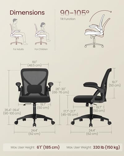Image of VASAGLE Ergonomic Mesh Office Chairs with Adjustable Lumbar Support, 90-105 Tilt Function, Wide Seat, Flip‑Up Armrests, Computer Desk Chairs for Home Office, Set of 2, Ink Black