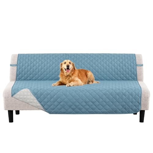 PrinceDeco Futon Slipcover Armless Futon Bed Cover Furniture Protector with Elastic Bottom Reversible Quilted Couch Cover Width Up to 70" Water Resistant Couch Cover for Pets,Blue
