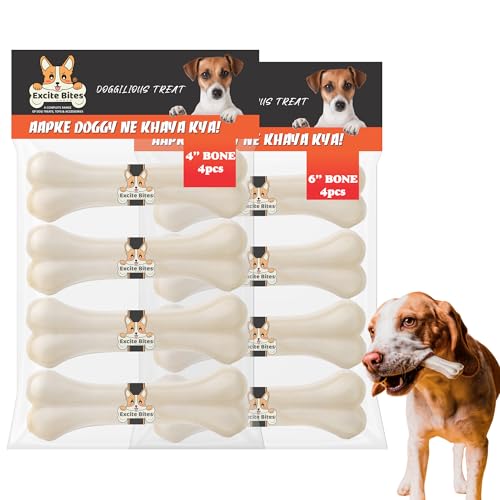 Image of EXCITE BITES Pressed Rawhide Bones for Dog Treats | Dog Calcium Bone Dog Chewing Needs | 4Inch & 6Inch Calcium Bone Treat for Dogs | Combo Offer (4 inch-4Pcs) (6 inch-4Pcs), 630g (Pack of 2)