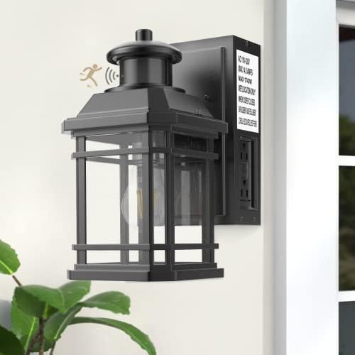 SPECILITE Motion Sensor Outdoor Light Fixture with GFCI Outlet, Dusk to Dawn Exterior Light Fixture, Waterproof & Anti-Rust, Black Finish Porch Lights Wall Mount for Patio, Bulb Included