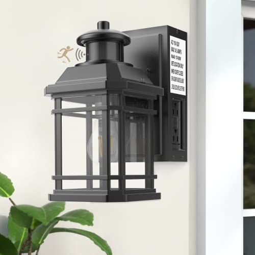 Specilite Motion Sensor Outdoor Light Fixture With Gfci Outlet, Dusk To Dawn Exterior Light Fixture, Waterproof & Anti-Rust, Black Finish Porch Lights Wall Mount For Patio, Bulb Included #TOP18