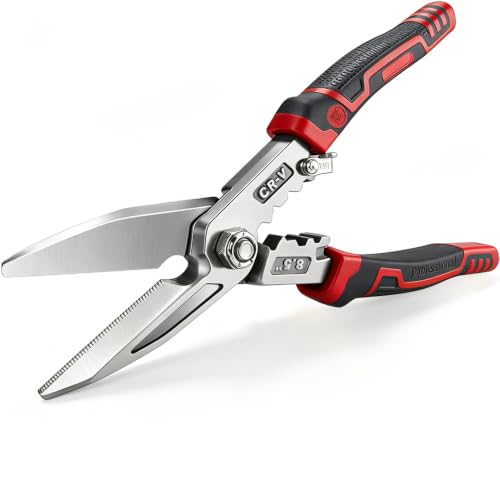Image of Heavy Duty Industrial Scissors 8.5'', Utility Sharp Aviation Tin Snips, Finely Serrated CR-V Blades with Safety Lock, for Cutting Wires, Cardboard, Plastic, Carpet,red (Red)