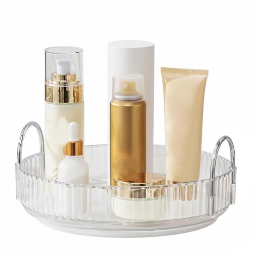 Image of Golden bird 360 Rotating Makeup Organizer Stand Cosmetic Storage with Hooks, Dressing Table Organiser, Organizer Storage Box for Make-up Accessories (Clear White, 1 Tier)