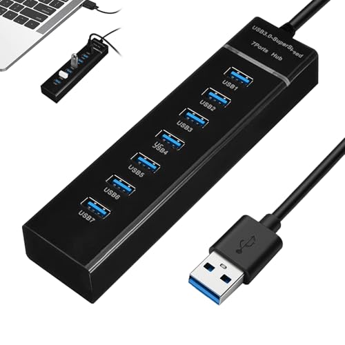 Huybaa 7 Port Hub USB 3.0, Aluminium Hub USB avec 180cm Câble pour PC Bureau, USB Adaptateur Multiport avec USB 3.0 5Gbps,Type-C pour PC, Laptop, Souris, Disque U, Clavier 1.8m