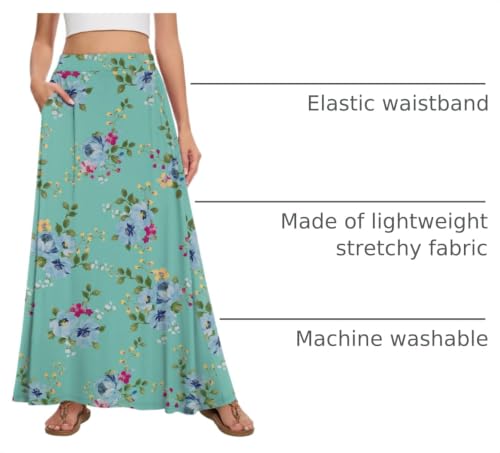 Image of Womens Maxi Skirt Long Flowy Summer A-Line High Waist Skirts | Elastic Waistband with Pockets, Lightweight Fabric, Casual Wear, Swing beach boho Outfits, Fashion Clothes