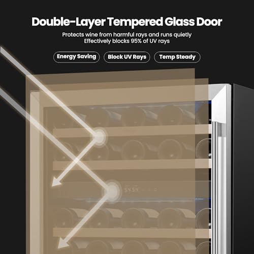 Image of Yeego 24 Inch Wine Fridge, 52 Bottle Dual Zone Wine Cooler with Left Hinged | Built-In or Freestanding, Under Counter Wine Refrigerator with Glass Door, 40-65F | For Home Bar, Kitchen