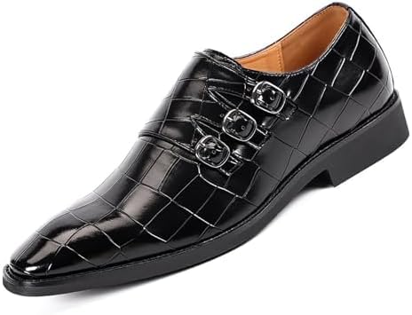 Men's Printed Oxford Dress Shoes, Stylish Metal Buckle Comfortable Slip-on Pointed Toe Dress Shoes Business Wedding Slip-on Men's Loafers (Black,7)4