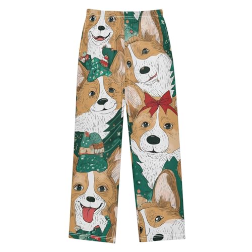 Christmas Corgi Dogs Boys Long Pants Soft Trousers Elastic Waist Kids Lounge Bottoms with Pockets S-XL