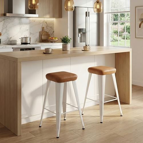 Image of Yongchuang Bar Stools Set of 2, 26 inch Backless Upholstered Counter Stools with Metal Legs Modern PU Leather Kitchen Island Barstools