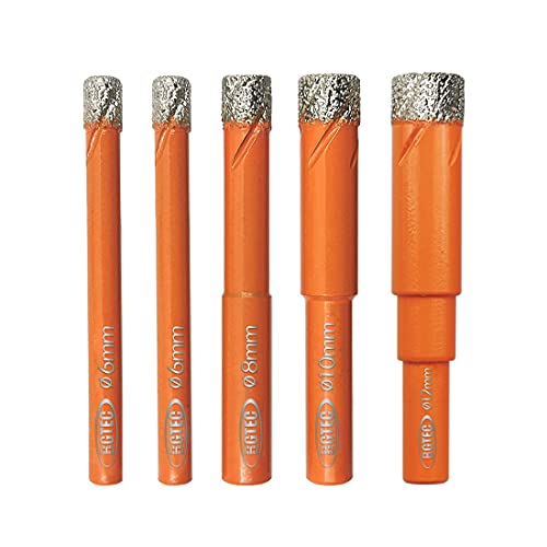Dry Diamond Drill Bit Set,BGTEC 5pcs 6mm 6mm 8mm 10mm 12mm Hole Saw for Granite,Marble,Masonry, Concrete, Tile/Ceramic, Glass, Hard Plastic,Vacuum Brazed Diamond Core Drill Bit Kit