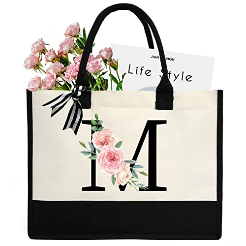 DEEZOMO Personalized Initial Canvas Tote Bag for Women, Beach Bag with Inner Zipper Pocket, Suitable for Wedding, Birthday, Beach, Holiday - Black(M)