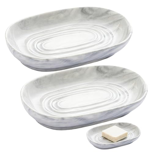 Asheyya 2 Pcs Ceramic Soap Dish, Grey Anti Slip Marble Texture Soap Dishes Tray Holder for Bathroom Kitchen Sink