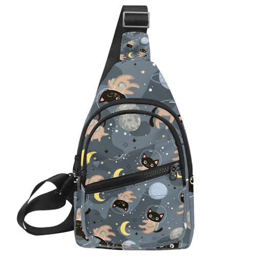 Bolsa de pecho gris multicolor con gatos, práctico bolso cruzado de hombro para el día a día