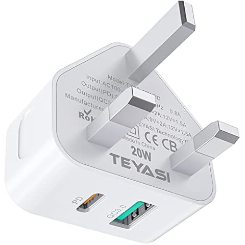 USB C Plug Fast Charge, 20W USB Type C and USB Wall Charging Plug Adapter UK for iPhone 14/14 Pro/14 Pro Max/13/13 Pro/13 Pro Max/12/12 Pro/12 Pro Max/SE 2020/11/11 Pro,iPad,Samsung Cover