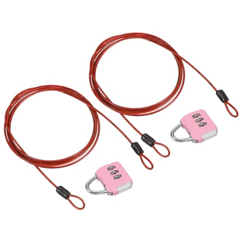 Image of PATIKIL Security Steel Cable with 3 Digit Combination Lock, 2 Set Travel Padlock 6.6Ft Coated Safety Wire Rope Double Loop for Luggage Suitcase, Pink