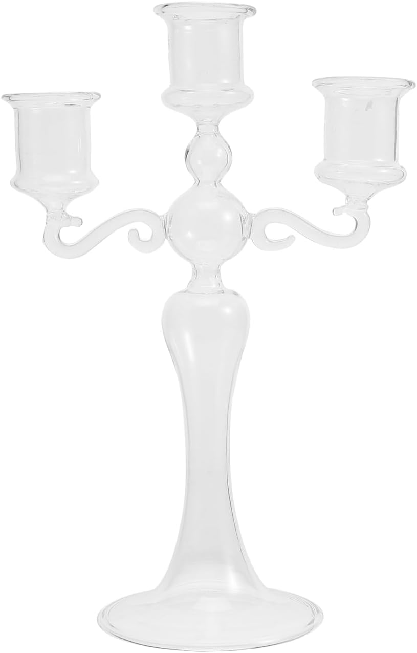 VOSAREA Glass Candle Holder 3 Arm Crystal Glass Taper Candlestick Holder Decorative Romantic Candle Stand for Wedding Dining Table Decoration