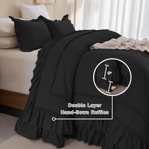 Image of QSH 3PCs Black Ruffled Oversized King Comforter 120x120,Farmhouse Shabby French Country Chic Ruffle Bed Comforter Set Boho Lightweight Ultra Soft Microfiber California King Comforter with Pillowcases