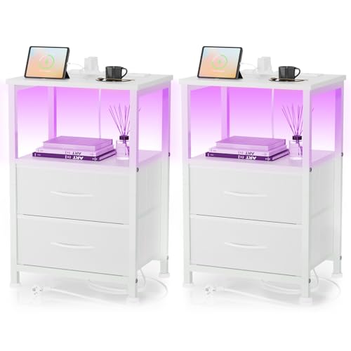 Yornoli Nachttisch 2er Set mit LED & Ladefunktion, Beistelltisch mit Schublade, Nachttische mit 3 AC-Anschlüsse & 2 USB-Anschlüssen, Beistelltische...