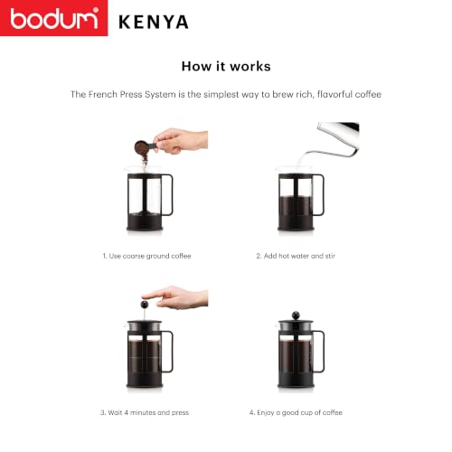 Bodum KENYA French Press Coffee Maker, 1L / 8 Cup Cafetière with Heat-Resistant Borosilicate Glass, Reusable Stainless-Steel Filter and Protective Plastic Frame, Black, 1788-01