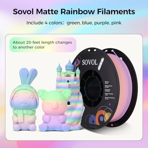 Image of Sovol 3D Printer Matte Multicolored Fast Change Rainbow PLA 1kg (2.2 lbs) Spool 3D Printing Materials, Dimensional Accuracy + /- 0.03 mm, 1.75 mm, Matte Macaron Rainbow