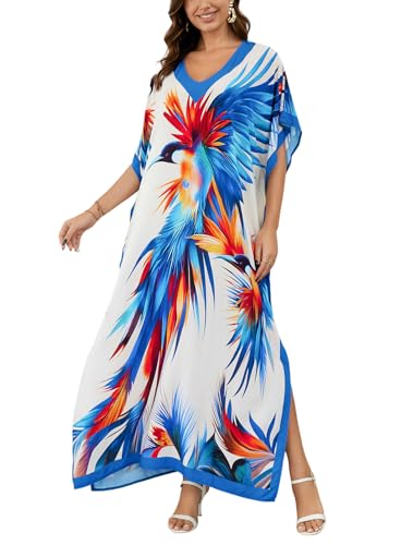 Image of IMAGEKOPE Women's Plus Size Loose Fit Moroccan Print V-Neck Batwing Kaftan Beach Dress Bathing Suit Cover Up