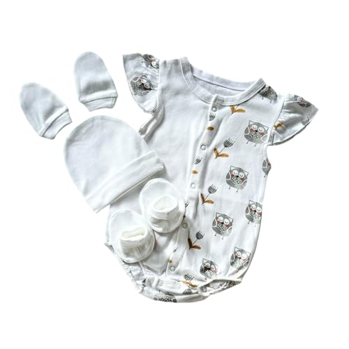 Image of Picksparrow Cotton Newborn Baby Rompers, Cap, Booties, Mittens Set /Newborn Essentials (Set of 4(Owl-Girl))