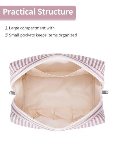 Large Makeup Bag Zipper Pouch Travel Cosmetic Organizer for Women (Dusty Rose Stripe, Large), Zz-dusty Rose Stripe - Image 3
