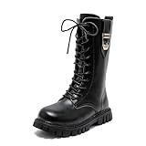 Girls Leather Lace Up Combat Knee High Boots with Side...