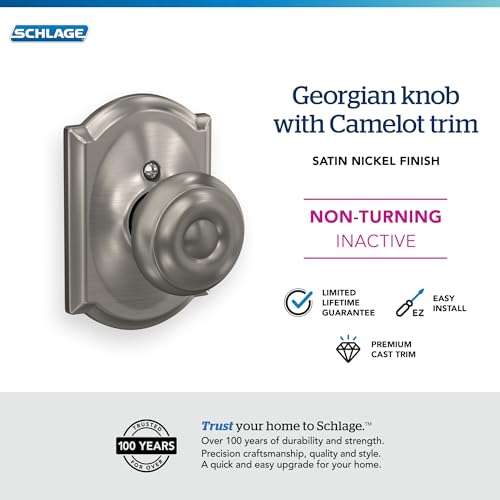 Image of Schlage F170 GEO 619 CAM Georgian Door Knob with Camelot Trim, One Sided Non-Turning Dummy Door Handle, Satin Nickel