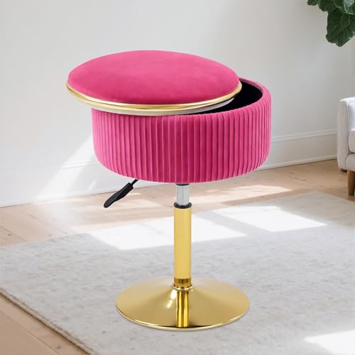 MRITWAII Adjustable Vanity Stool with Storage 360 Swivel Makeup Stool Chair Small Velvet Round Ottoman with Gold Base for Bedroom (Hot Pink)