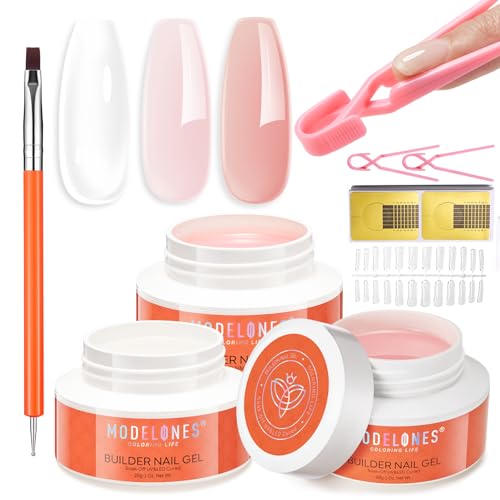 modelones Builder Nail Gel 3 Colors Builder Hard Gel Nude Pink Clear for Overlays Apex Building & Extensions Sculpting Nail Kit with Dual-Ended Brush Nail Forms U V/LED Lamp Cured DIY Salon