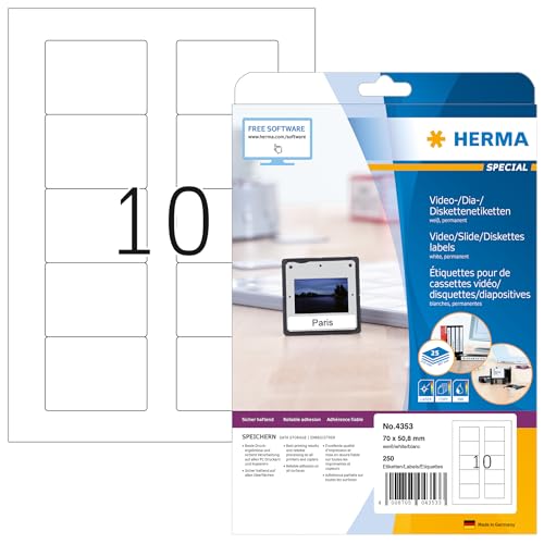HERMA - HERMA 4353 Disketten Etiketten 3,5 Zoll, 25 Blatt, 70 x 50,8 mm, 10 pro A4 Bogen, 250 Stück, selbstklebend, bedruckbar, matt, blanko Papier ZIP-Disk Klebeetiketten Aufkleber, weiß - -37%