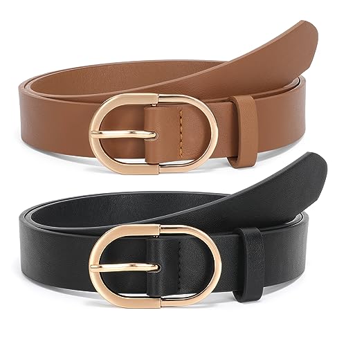 JASGOOD 2 Pack Women’s Leather Belts for Jeans Pants Fashion Ladies Belt with Silver Buckle, I-Black+Brown