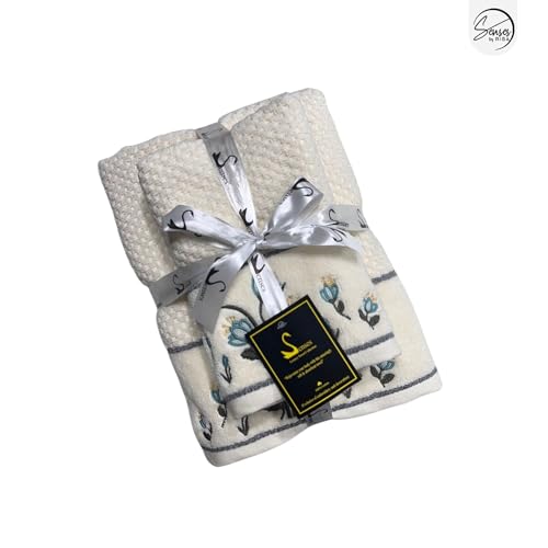 Image of SENSES By Riba Cotton Embroidered Towel Set, 550 GSM Soft & Absorbent, Antimicrobial, Oeko-Tex Certified | Ideal for Home & Gifting, Pack of 4 (2 Bath 27 inchX50 inch + 2 Hand Towels 16 inchX26 inch) - Style 22