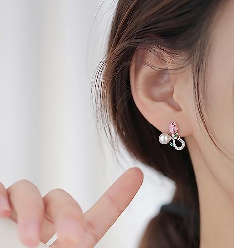 Reffeer Solid 925 Sterling Silver Pink Flower Stud Earrings for Women Teens Spring Flower Stud Earrings Pearls2