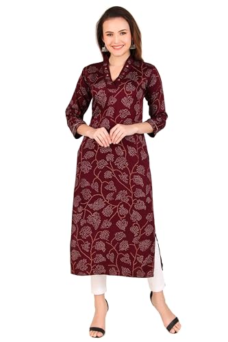 Ladyline Silk Bandhej Printed Long Tunic Kurti Top for Women Hand Work Mirror Indian Long Kurta Dress (SPEK HTB1150) (42/Maroon)
