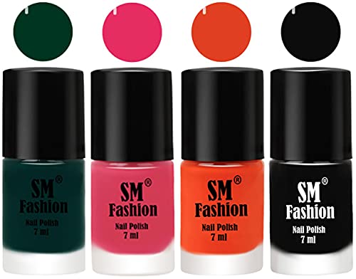 Image of Nail Polish Combo Set (Pack of 4) Quick Dry Gel Finish Nail Paint | Dark Green,Dark Rose Pink,Reddish Orange ,Black | 7 ml Each