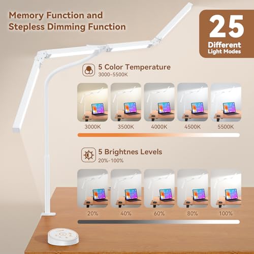 Image of Pzloz Led Desk Lamp with Clamp: Architect Desk Lamp for Home Office, Eye Caring Double Head Computer Monitor Work Desk Light with Remote Control - 24W Flexible Dimmable Desktop Table Lamp White