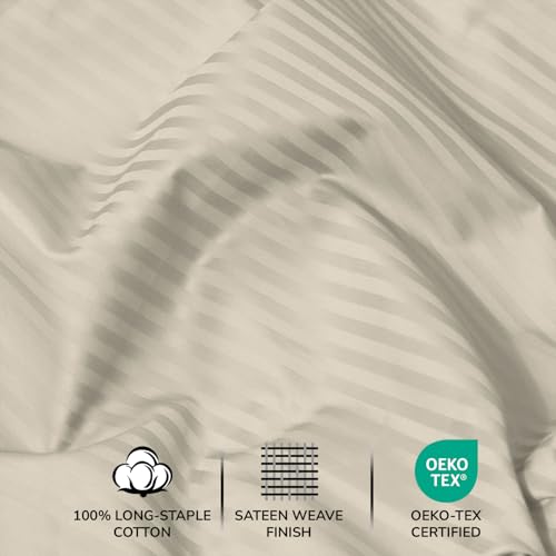 Image of Feather & Stitch 500 TC Full Size Damask Bed Sheet Set, 100% Cotton Soft Breathable Bedsheets, 4 Piece 18 inch Deep Pockets Sateen Weave Striped Bedding Mattress Resort Hotel Luxury- (Beige Stripe)
