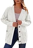 PRETTYGARDEN Women's Long Sleeve Cable Knit Cardigan Sweaters 2023 Oversized Open Front Long Cardigans Button Up Outerwear (White, Large)