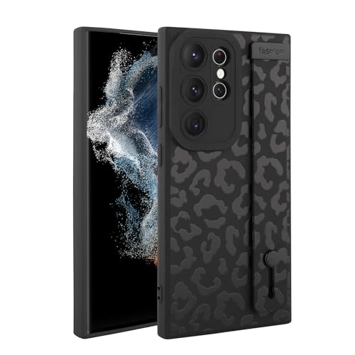 Image of Compatible with Samsung Galaxy S22 Ultra Case with Strap Wrist Black | Cheetah Print Shockproof Soft TPU Protective Cover for Women Girls, Slim Anti Scratch Case 6.8 Inch, Black