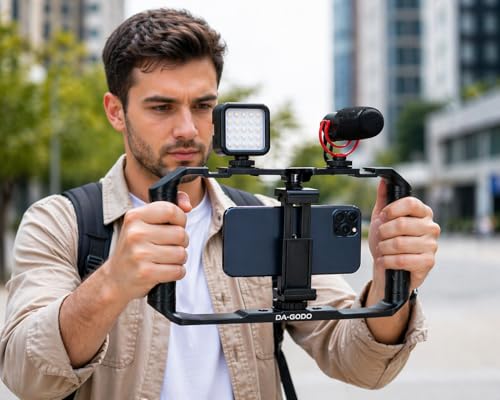 Image of Smartphone Video Rig, Phone Video Stabilizer Camera Case Mount Holder for Filmmaking and Vloging, with Cold Shoe Mount for Smartphone, for Streaming Equipment (RED Cage Rig)